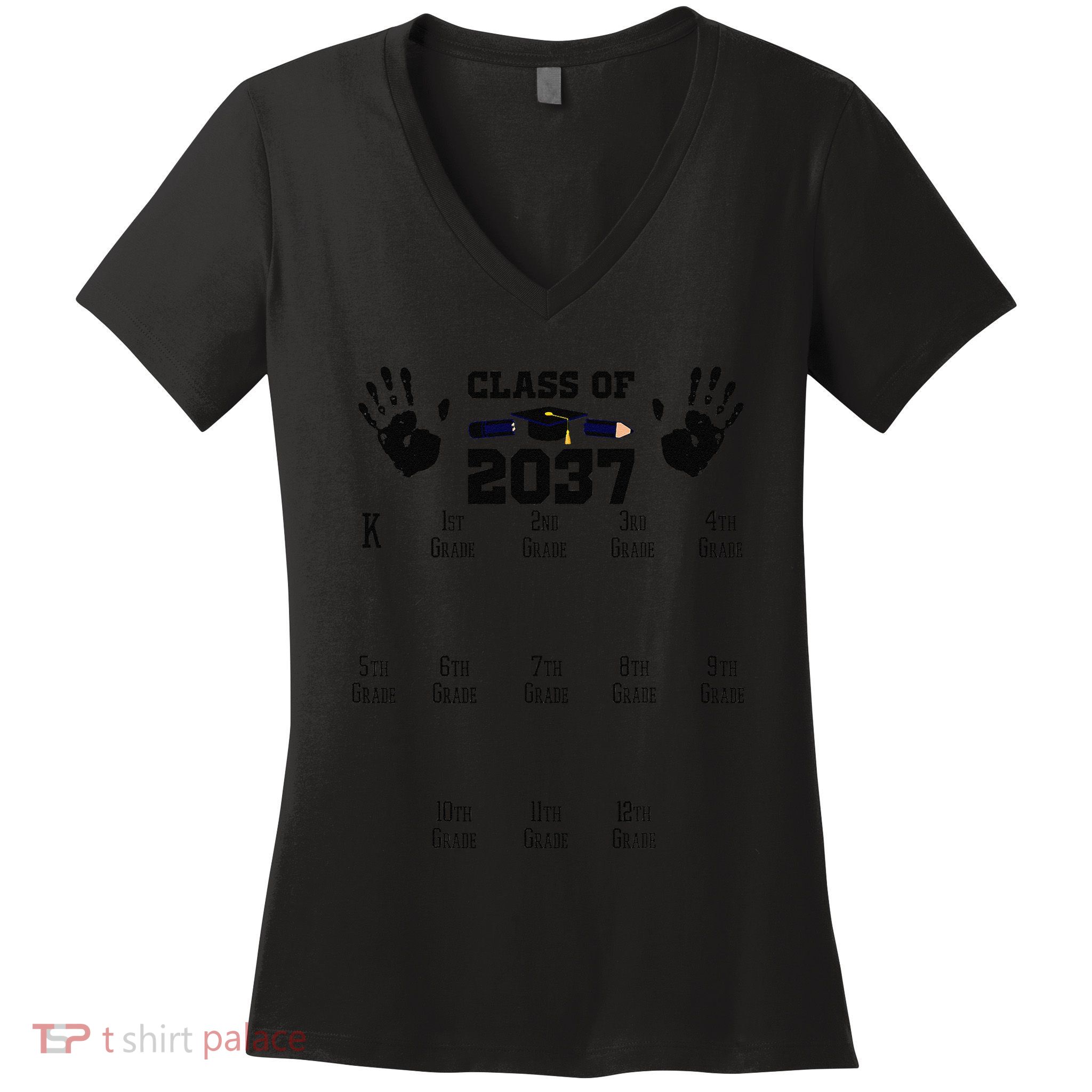 Class Of 2037 Grow With Me Handprint Prek 12th Grade Gift Women's V-Neck T-Shirt