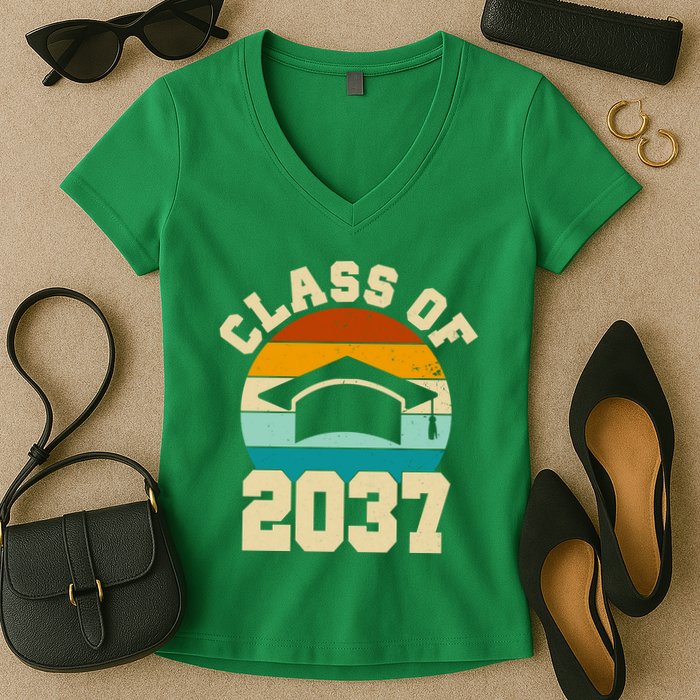 Class Of 2037 Kindergarten Graduation Retro Women's V-Neck T-Shirt