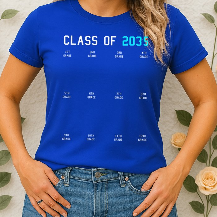 Class Of 2035 Grow With Me Graduation First Day Handprints Womens T-Shirt
