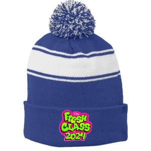 Class Of 2024 Senior Fresh 90s Retro TV Style Graduation Stripe Pom Pom Beanie