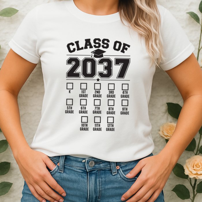 Class Of 2037 Grow With Me Checklist Kindergarten 12th Grade Womens T-Shirt
