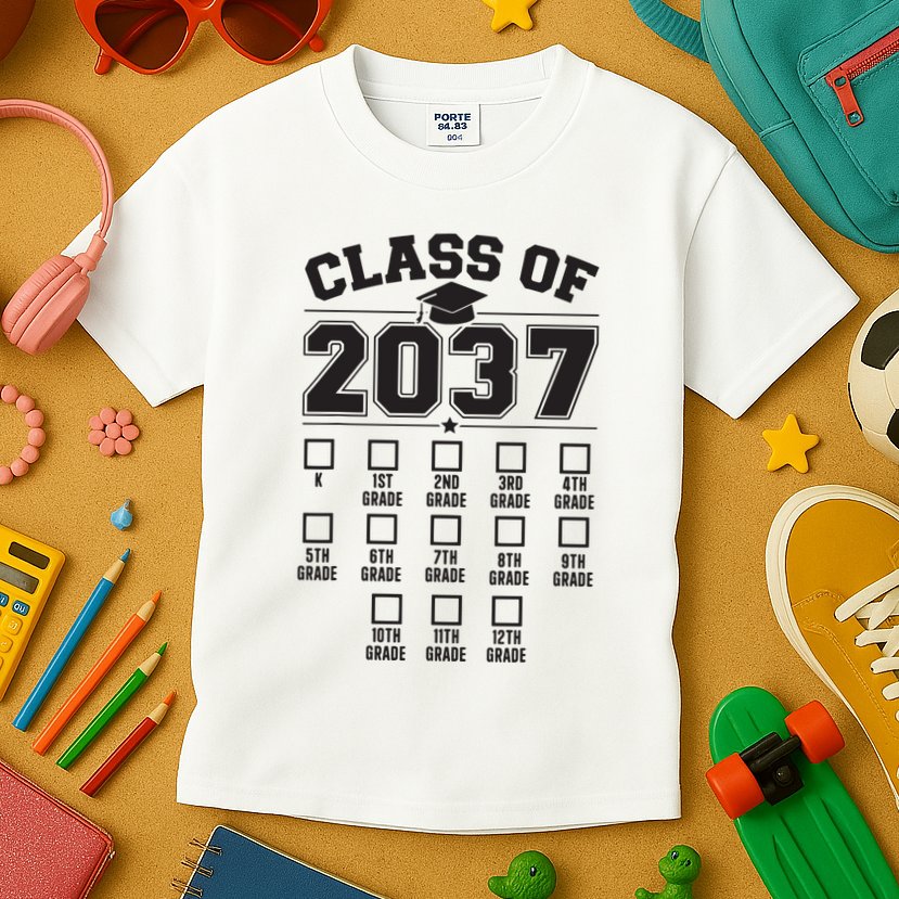 Class Of 2037 Grow With Me Checklist Kindergarten 12th Grade Kids T-Shirt