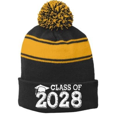 Class Of 2028 Grow With Me Handprints Space On Back Stripe Pom Pom Beanie