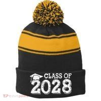 Class Of 2028 Grow With Me Handprints Space On Back Stripe Pom Pom Beanie