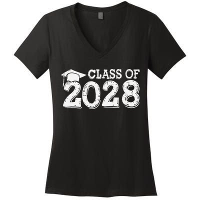 Class Of 2028 Grow With Me Handprints Space On Back Women's V-Neck T-Shirt