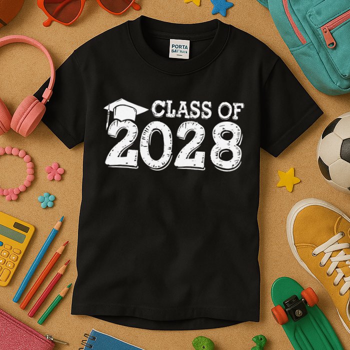 Class Of 2028 Grow With Me Handprints Space On Back Kids T-Shirt