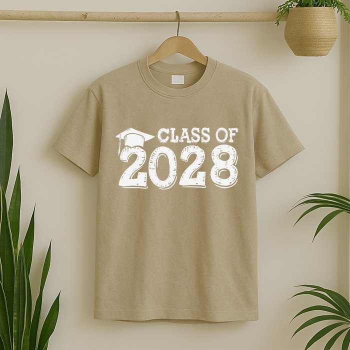 Class Of 2028 Grow With Me Handprints Space On Back T-Shirt