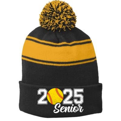 Class Of 2025 Softball Senior Retro Senior 2025 Softball Stripe Pom Pom Beanie
