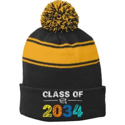 Class of 2034 Grow With Me First Day of School Graduation Stripe Pom Pom Beanie