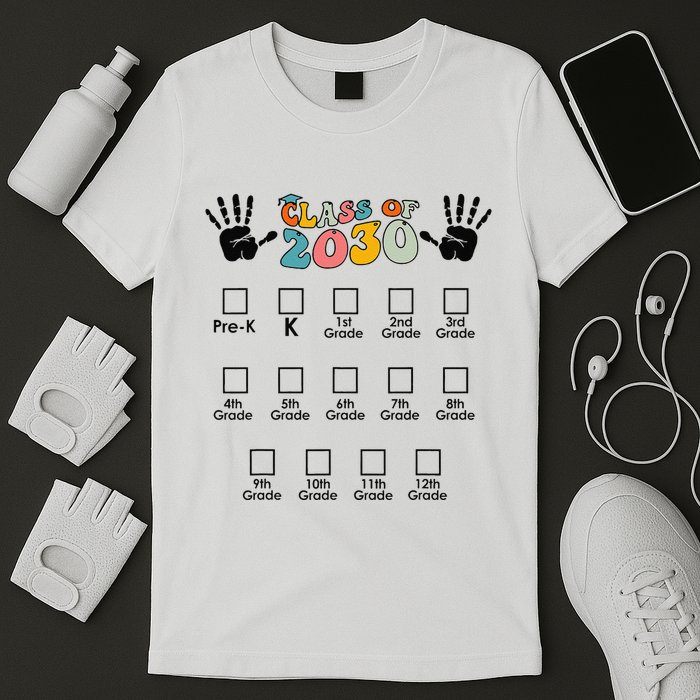 Class Of 2030 Grow With Me Checklist Prek 12th Retro K12 T-Shirt