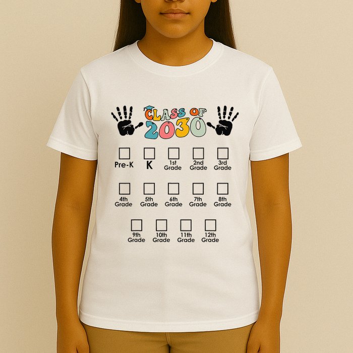 Class Of 2030 Grow With Me Checklist Prek 12th Retro K12 T-Shirt