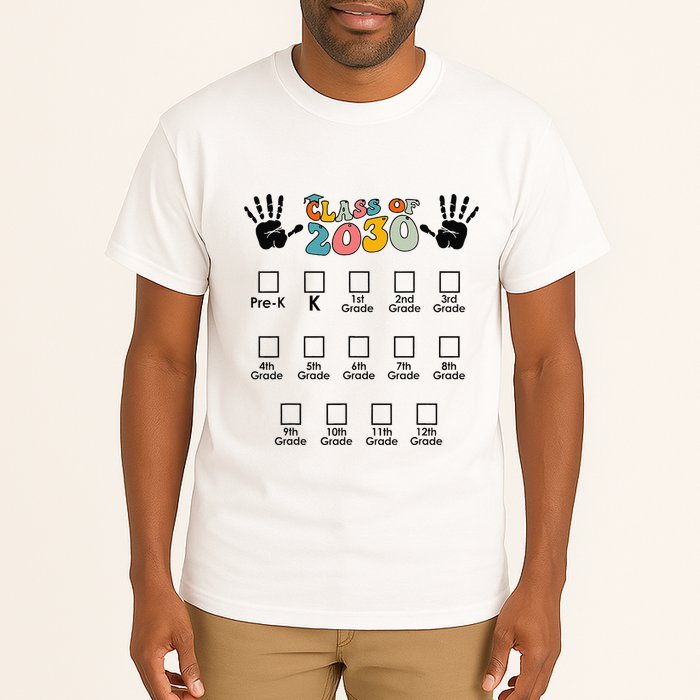 Class Of 2030 Grow With Me Checklist Prek 12th Retro K12 Tall T-Shirt