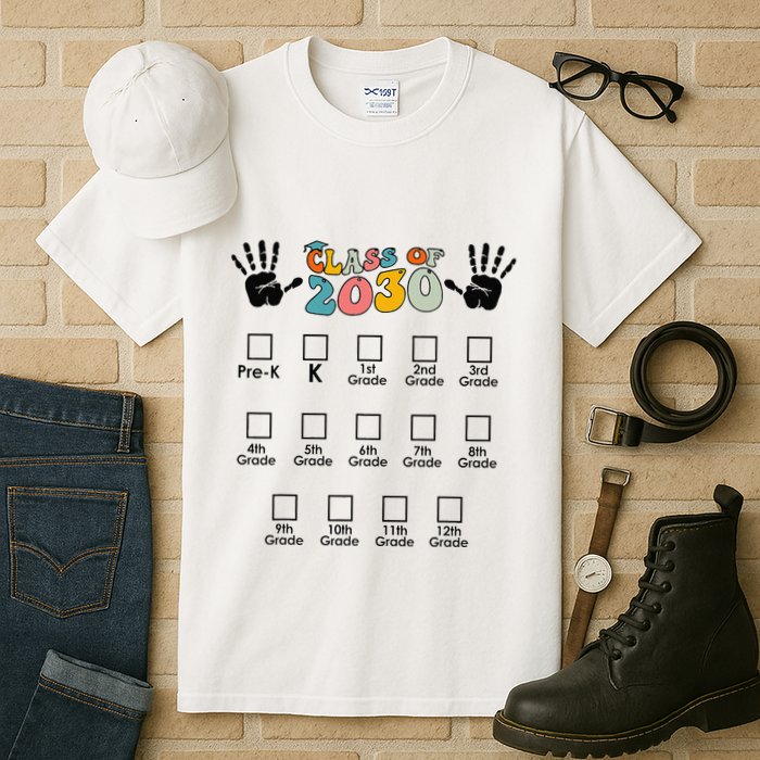 Class Of 2030 Grow With Me Checklist Prek 12th Retro K12 Tall T-Shirt