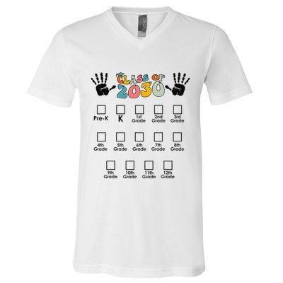 Class Of 2030 Grow With Me Checklist Prek 12th Retro K12 V-Neck T-Shirt