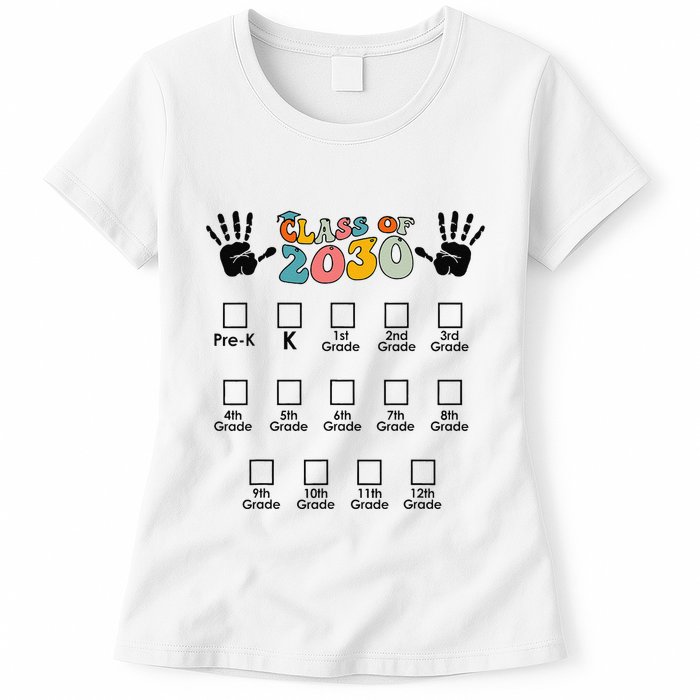 Class Of 2030 Grow With Me Checklist Prek 12th Retro K12 Womens T-Shirt