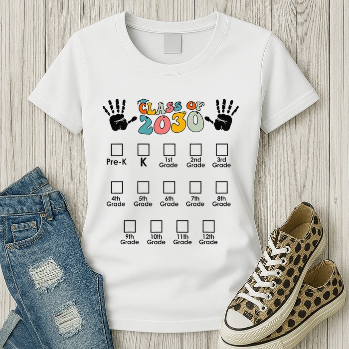 Class Of 2030 Grow With Me Checklist Prek 12th Retro K12 Womens T-Shirt