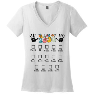 Class Of 2030 Grow With Me Checklist Prek 12th Retro K12 Women's V-Neck T-Shirt