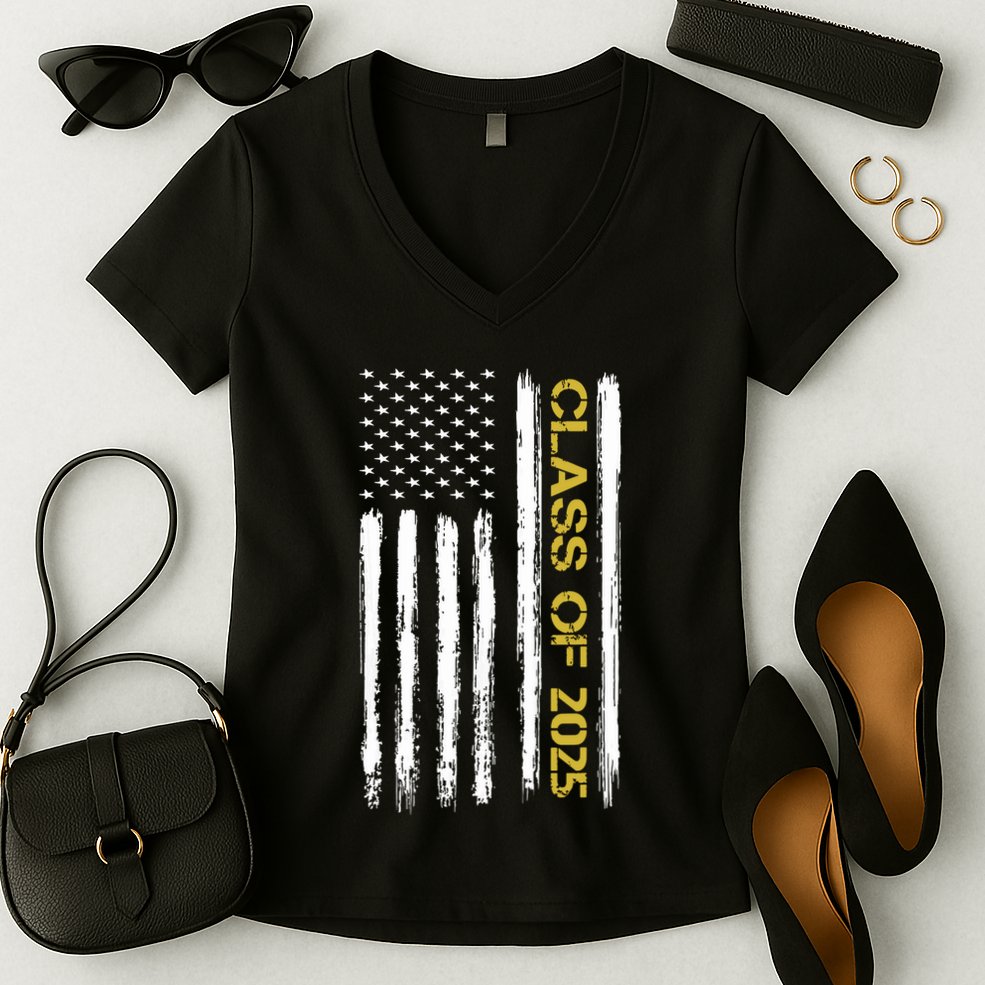 Class Of 2025 Senior Patriotic American Flag Graduation Gift Women's V-Neck T-Shirt