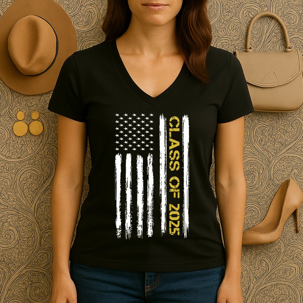 Class Of 2025 Senior Patriotic American Flag Graduation Gift Women's V-Neck T-Shirt