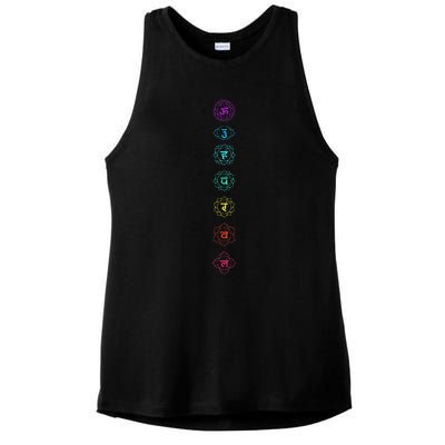 Chakras Om Anahata Sahasrara Mulsdhara Ladies PosiCharge Tri-Blend Wicking Tank