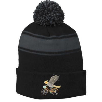 Cockatiel On A Bicycle Stripe Pom Pom Beanie