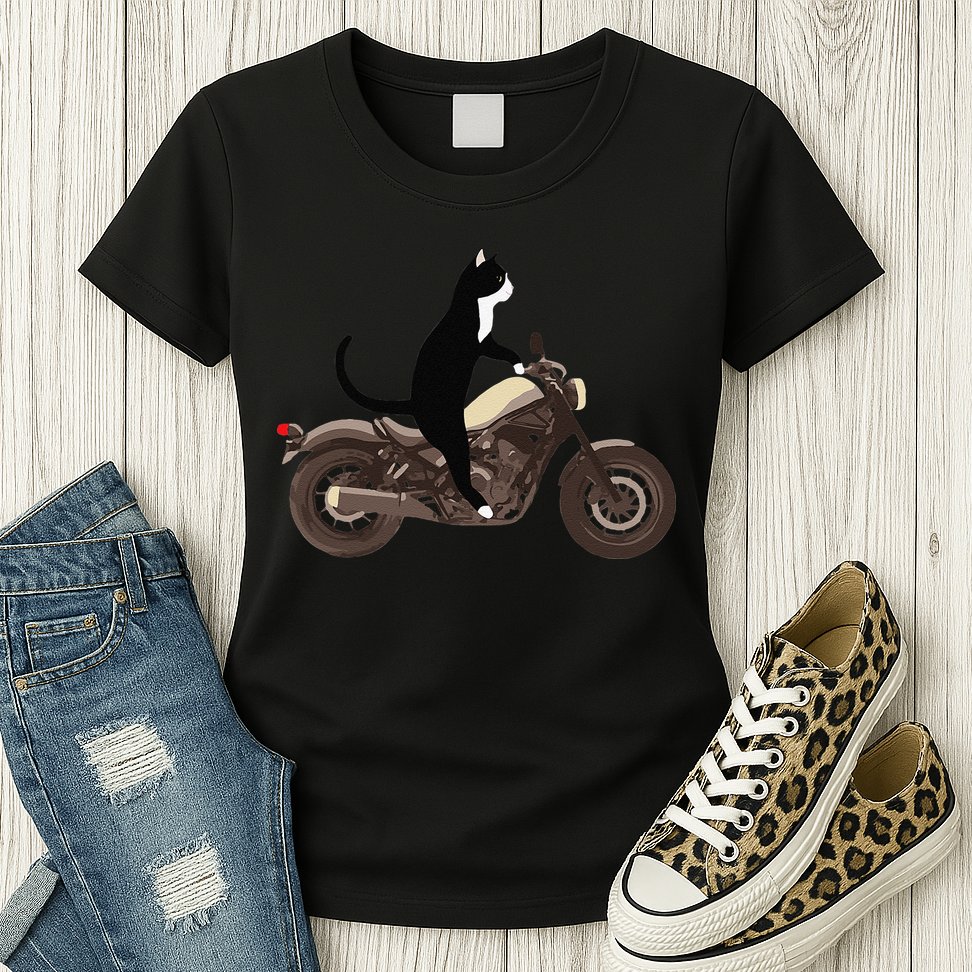 Cat On A Motorcycle Funny Womens T-Shirt