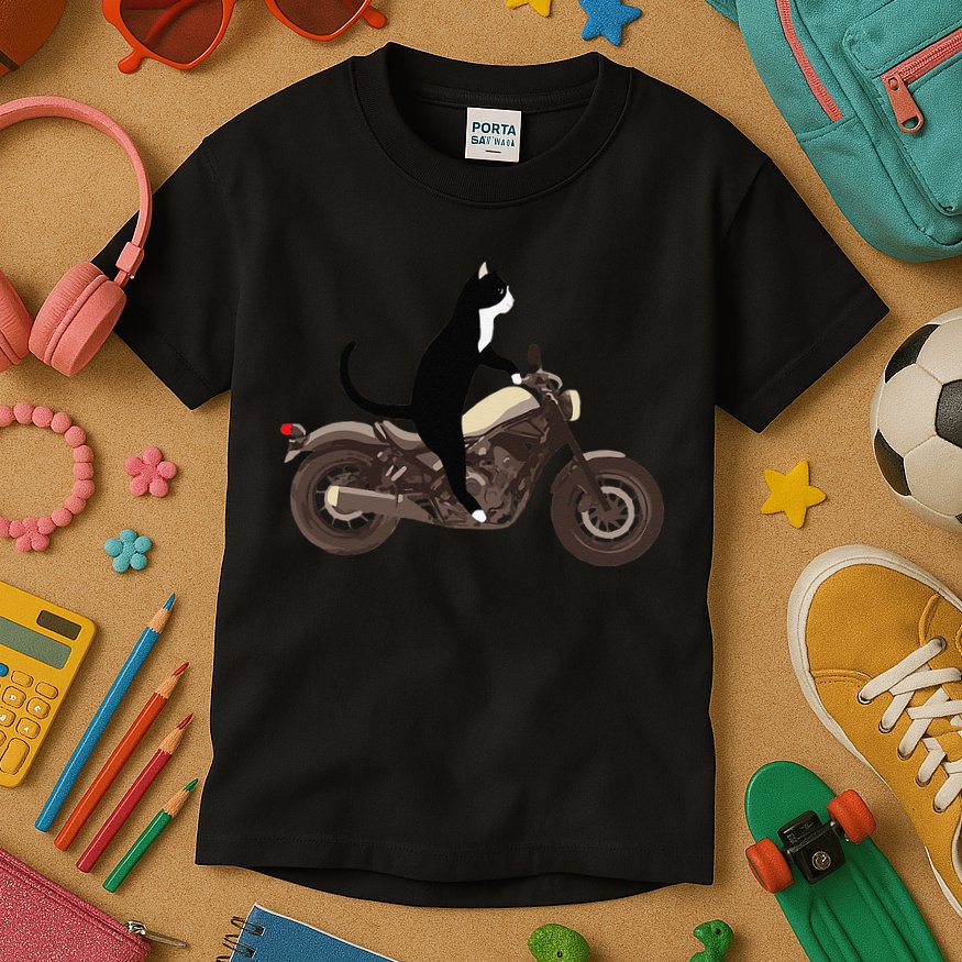 Cat On A Motorcycle Funny Kids T-Shirt