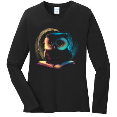 Cute Owl Animal With Book Ladies Long Sleeve Shirt