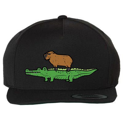 Capybara On Crocodile Capy Alligator Rodent Wool Snapback Cap