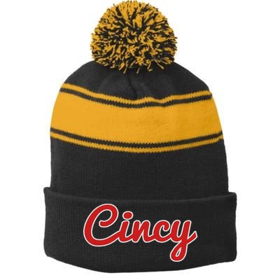 Cincinnati Ohio Classic Red Script Cincy City Stripe Pom Pom Beanie