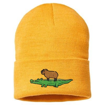 Capybara On Crocodile Capy Alligator Rodent Sustainable Knit Beanie