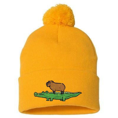 Capybara On Crocodile Capy Alligator Rodent Pom Pom 12in Knit Beanie