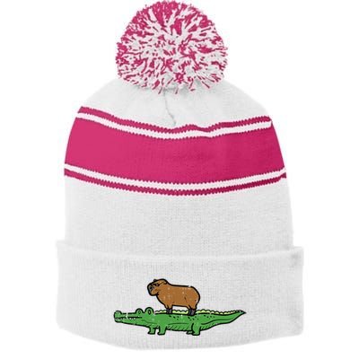 Capybara On Crocodile Capy Alligator Rodent Stripe Pom Pom Beanie