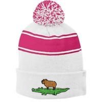 Capybara On Crocodile Capy Alligator Rodent Stripe Pom Pom Beanie
