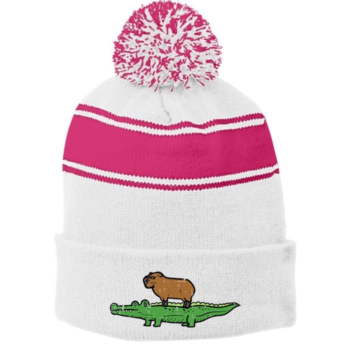 Capybara On Crocodile Capy Alligator Rodent Stripe Pom Pom Beanie