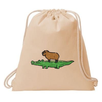 Capybara On Crocodile Capy Alligator Rodent Drawstring Bag