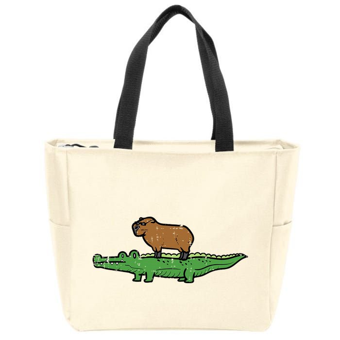 Capybara On Crocodile Capy Alligator Rodent Zip Tote Bag