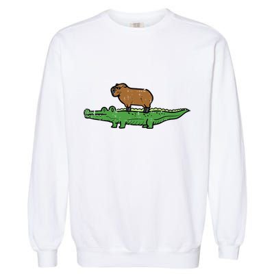 Capybara On Crocodile Capy Alligator Rodent Garment-Dyed Sweatshirt