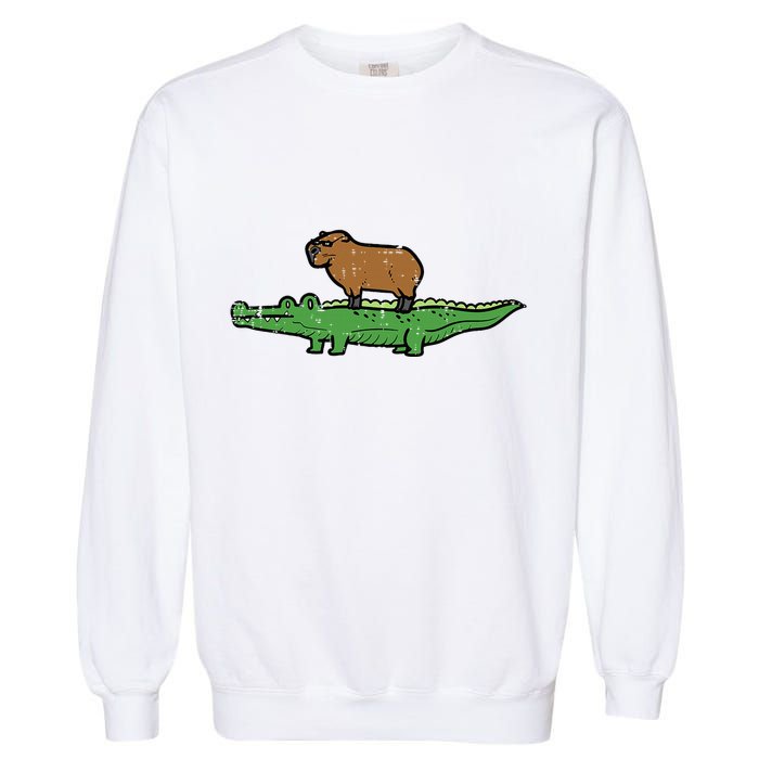 Capybara On Crocodile Capy Alligator Rodent Garment-Dyed Sweatshirt