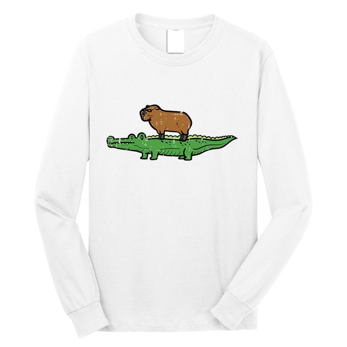 Capybara On Crocodile Capy Alligator Rodent Long Sleeve Shirt