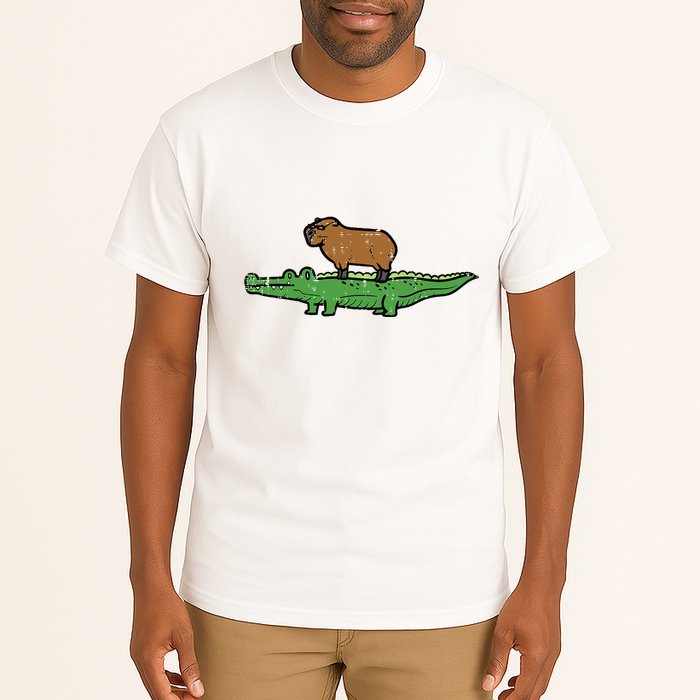 Capybara On Crocodile Capy Alligator Rodent Tall T-Shirt
