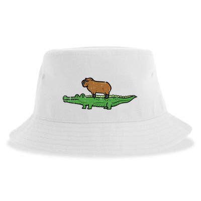 Capybara On Crocodile Capy Alligator Rodent Sustainable Bucket Hat