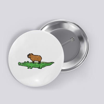 Capybara On Crocodile Capy Alligator Rodent Button