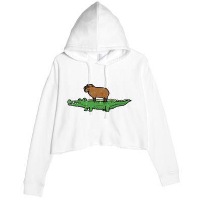 Capybara On Crocodile Capy Alligator Rodent Crop Fleece Hoodie