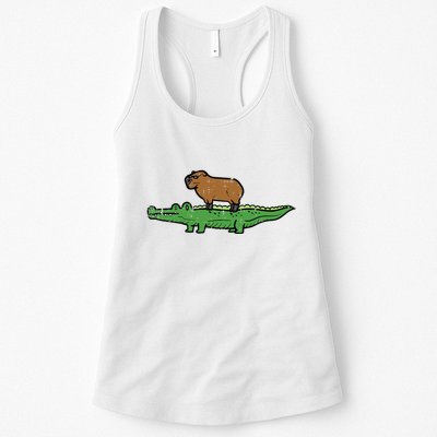 Capybara On Crocodile Capy Alligator Rodent Womens Tank Top