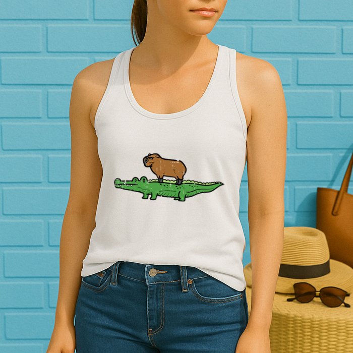 Capybara On Crocodile Capy Alligator Rodent Womens Tank Top