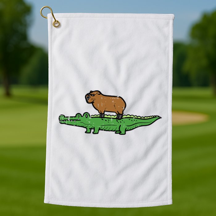Capybara On Crocodile Capy Alligator Rodent Golf Towel