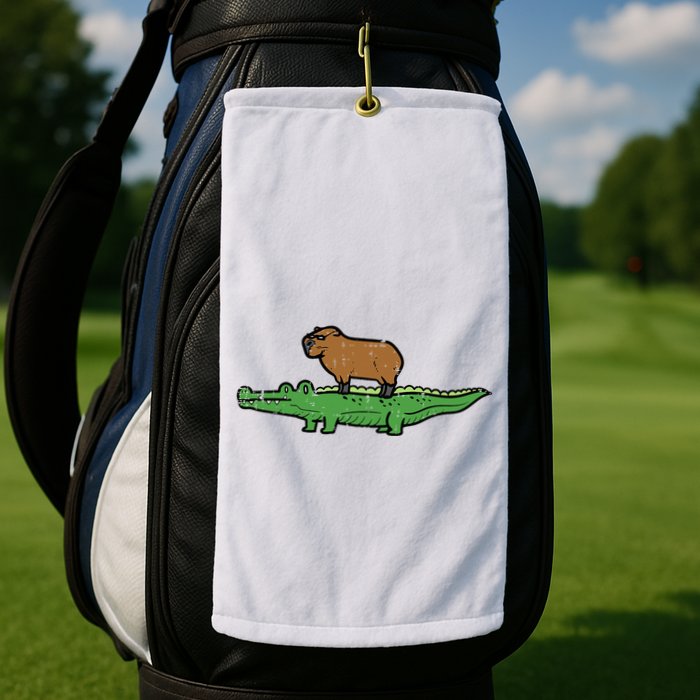 Capybara On Crocodile Capy Alligator Rodent Golf Towel