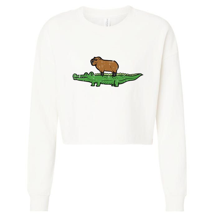 Capybara On Crocodile Capy Alligator Rodent Cropped Pullover Crew