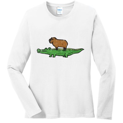 Capybara On Crocodile Capy Alligator Rodent Ladies Long Sleeve Shirt